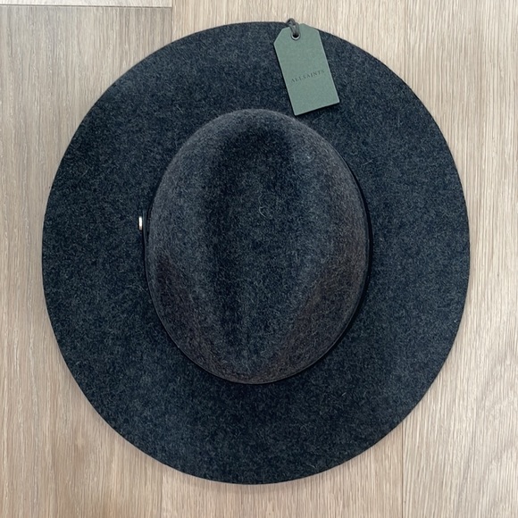 NWT All Saints Long Brim Fedora+100% Wool+Brass Logo rivet+Black - Picture 8 of 11